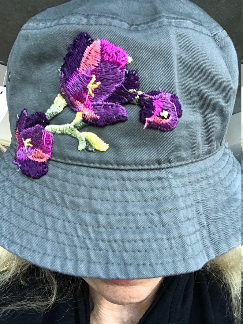 Grey-Green Bucket Sun Hat Embellished With Purple Floral Embroidered Appliques