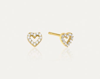 Pave Heart Earrings, Sterling Silver Earrings, 14 K gold plated, Minimal, Everyday fashion,Dainty Stud Gold Heart Earrings