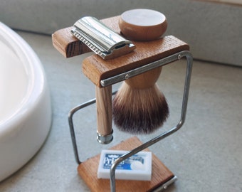 Breuer Shaving Stand Kit (Steel Frame) - Handmade reclaimed oak stand, razor and brush