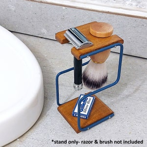 Breuer shaving stand (blue)- Handmade reclaimed oak, razor and brush stand (Stand only, razor and brush not included)