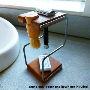 Breuer shaving stand (Steel Frame)- Handmade reclaimed solid oak, razor and brush stand (Stand only- razor and brush not included)