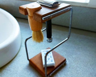 Breuer shaving stand (Steel Frame)- Handmade reclaimed solid oak, razor and brush stand (Stand only- razor and brush not included)