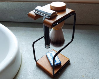 Breuer shaving stand (Black Frame)- Handmade reclaimed solid oak, razor and brush stand (Stand only- razor and brush not included)