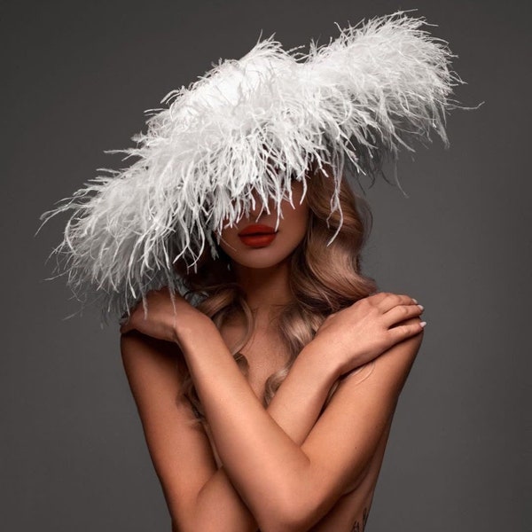 feather hat, photo shoot hat, futuristic hat, wedding hat, costume hat, ostrich feather hat, beautiful hat.