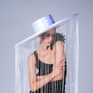 white fringe hat, fringe hat, photo shoot hat, white hat, party hat, fringe, futuristic costume, headwear