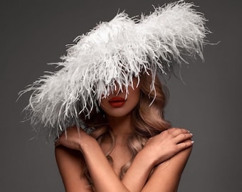 feather hat, photo shoot hat, futuristic hat, wedding hat, costume hat, ostrich feather hat, beautiful hat.