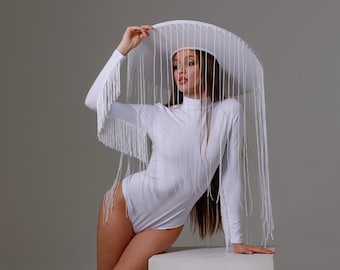 beaded hat, fringed hat, futuristic costume, photo shoot hat