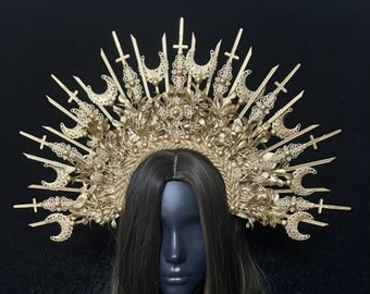 Goddess of the Sun, Crown of Leaves, Halo Crown of Gold Leaf, Headwear, Tiara, Greece God Mystery Sun, customize