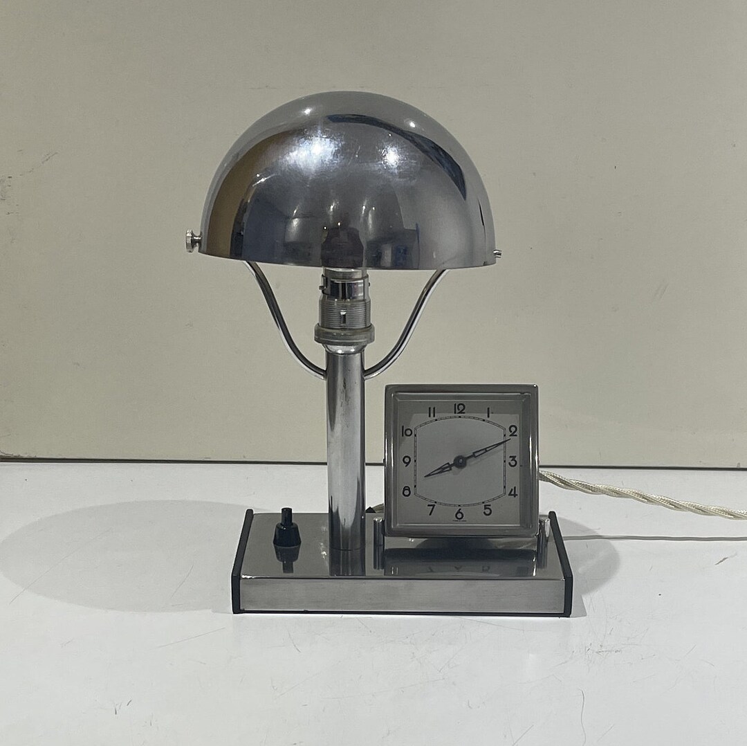 Art Deco Chrome Bedside Lamp / Clock With Domed Chrome Shade Etsy UK