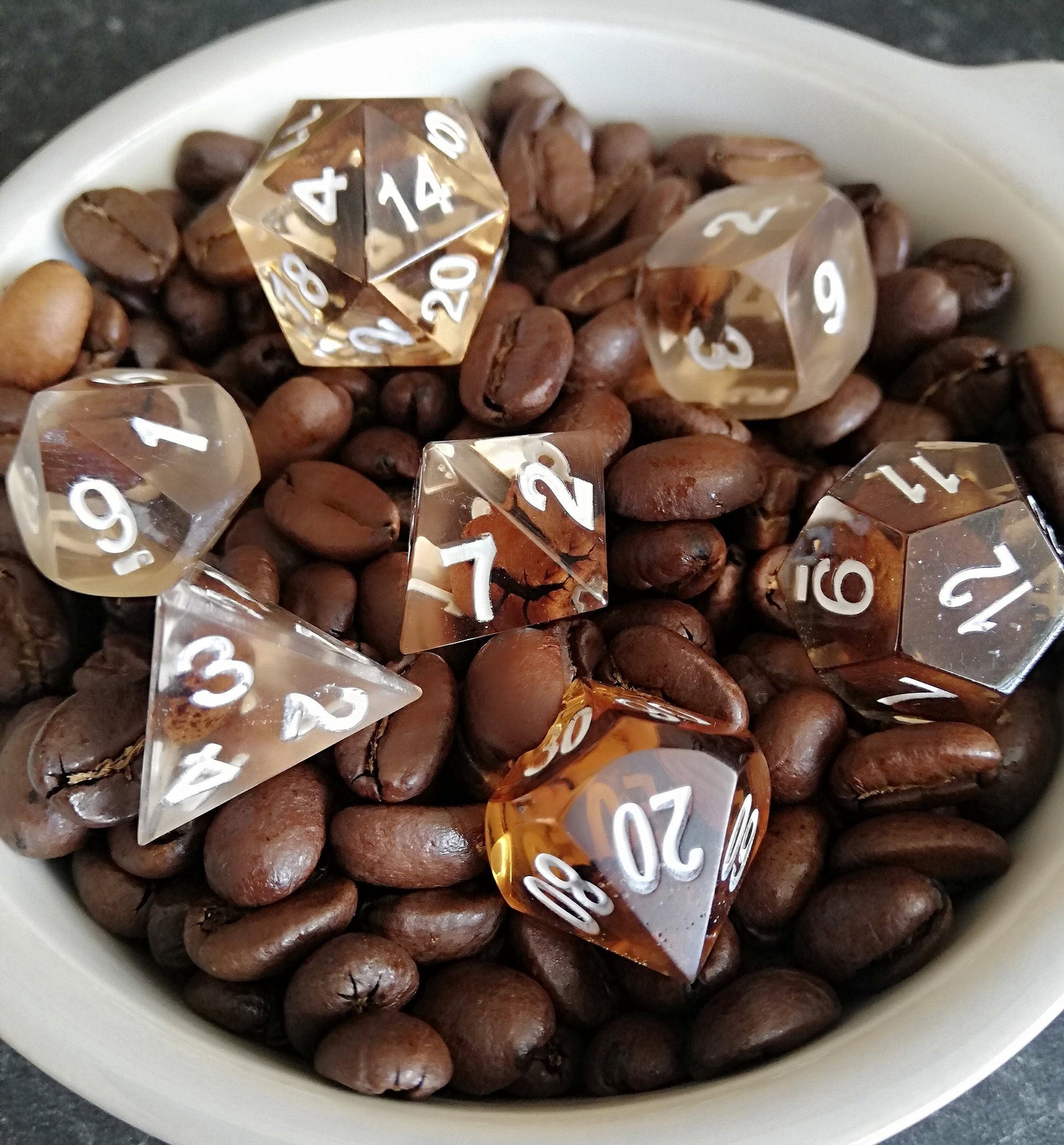 Math Beans. 7 Handmade coffee bean polyhedral dice for Etsy