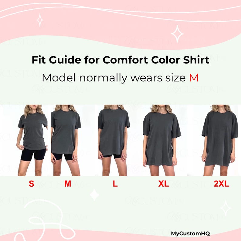 Puede incluir: Una gu&iacute;a de tallas para una camiseta Comfort Color con cinco im&aacute;genes de la misma camiseta gris carb&oacute;n en tallas S, M, L, XL y 2XL. El texto dice Fit Guide for Comfort Color Shirt, Model normally wears size M y las etiquetas de talla.