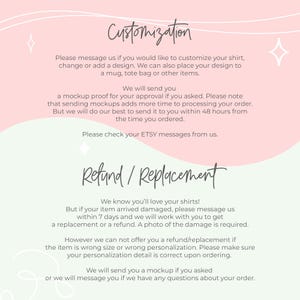 May include: A light pink and mint green informational graphic with dark text. The header reads Customization, followed by instructions for design changes and mockups. The second section, Refund / Replacement, details policies for damaged items.
