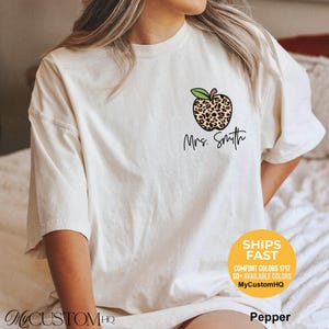 Custom Teacher Name Shirt, Personalized Comfort Colors Cheetah Teacher Tee, Teacher Pocket Apple TShirt, Gift for Teacher, Back to School