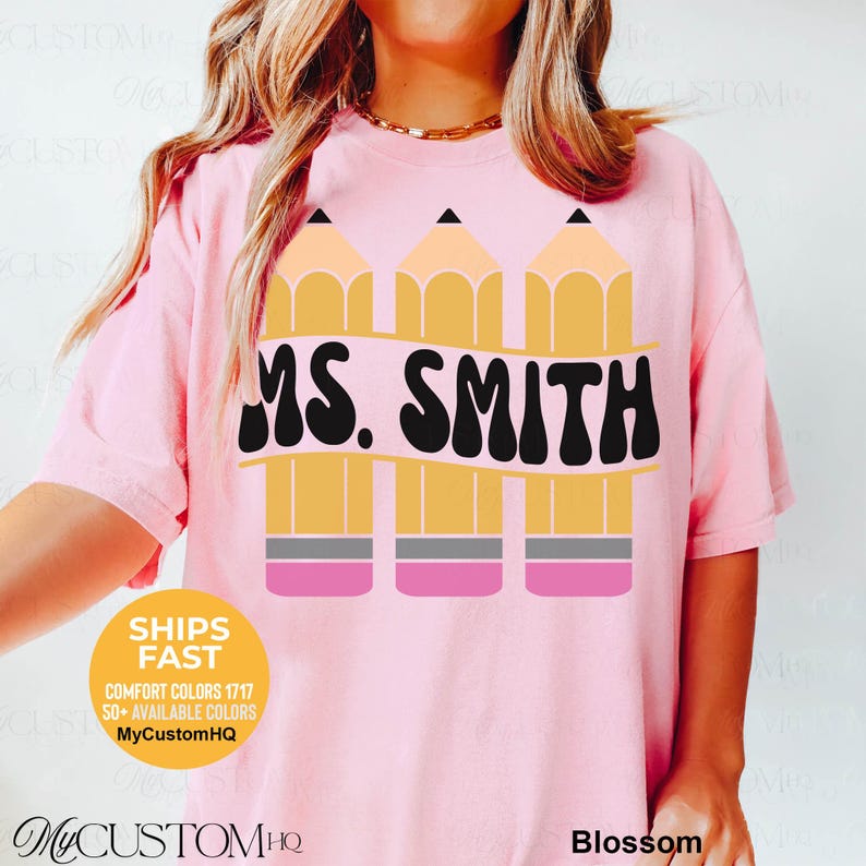 Custom Teacher Name Shirt, Personalized Comfort Colors Pencil Teacher Tee, Retro Teacher Pencil TShirt, Gift for Teacher, Back to School image 3