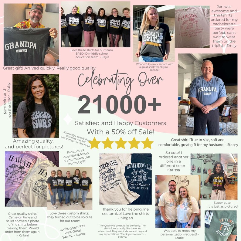 Puede incluir: Un collage de varios camisetas con estampados gr&aacute;ficos y texto personalizados, incluyendo dise&ntilde;os como Grandpa Est. 2024, Chisholm Trail Elementary, Florida, Hawaii, Honeymoon Club y Emergency Nurse, junto con rese&ntilde;as de clientes y estrellas.