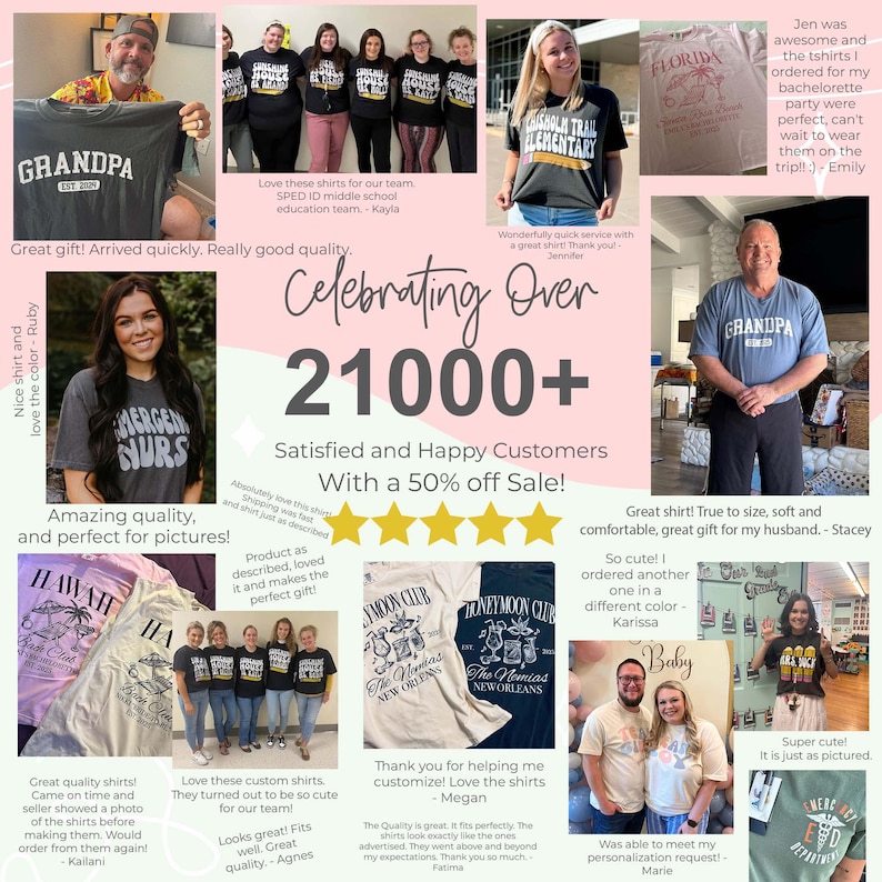May include: A collage of various t-shirts featuring custom graphic prints and text, including designs like Grandpa Est. 2024, Chisholm Trail Elementary, Florida, Hawaii, Honeymoon Club, and Emergency Nurse, displayed alongside customer reviews and star ratings.