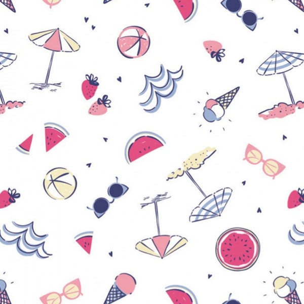 Summer Days Fabric | Beach Fabric | White Summer Fun Fabric | Laura Ashley Fabric | Camelot Fabric | 100% Cotton Fabric