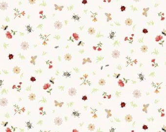 May include: A white background with a repeating pattern of small red, pink, and yellow flowers, butterflies, and ladybugs.