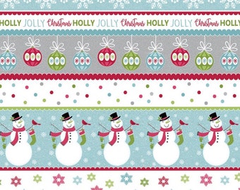 Joy Merry and Bright Stripe Christmas Fabric | Christmas Stripe Fabric | Christmas Fabric | Snowman Fabric |  100% Cotton Fabric