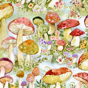 May include: Watercolor illustration of various mushrooms in a whimsical forest setting. The image features a variety of mushroom types with red, pink, yellow, and green caps, set against a backdrop of flowers and foliage. The style is soft and artistic.