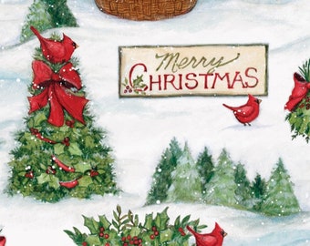 Red Birds Merry Christmas Fabric | Christmas Cardinal Fabric | Cardinal Fabric | Christmas Fabric | Susan Winget | Cotton Fabric | CP77528