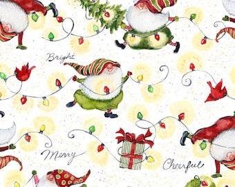 Gnomes & Lights Fabric | Santa Gnomes Fabric | Christmas Fabric | Susan Winget Fabric