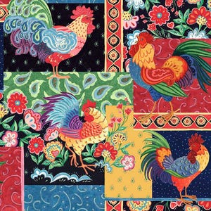 May include: A colorful patchwork design featuring stylized roosters and floral patterns. The roosters are depicted in vibrant hues of red, blue, yellow, and green, set against a backdrop of paisley and floral motifs. The overall design is a mix of bold colors and intricate details.