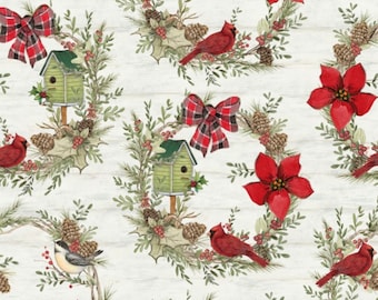 Cardinal Wreaths Fabric | Christmas Birds Fabric | Christmas Cardinal Fabric | Cardinal Fabric | CP77508 | Susan Winget Fabric