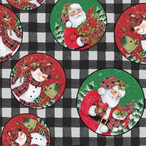 May include: A black and white checkered background with repeating circles featuring illustrations of Santa Claus and snowmen. The circles have a red and green background with white snow and snowflakes. Santa Claus is wearing a red suit with a white beard and a black belt. He is holding a basket of holly and a red cardinal. The snowman is wearing a black hat and a red and black plaid scarf. He is holding a branch with a bird and a birdhouse.