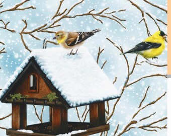 Winter Visitors Fabric | Goldfinch Bird Fabric | Bird House Fabric |  Birds Fabric | Robert Kaufman Fabric | 100% Cotton Fabric | 20028