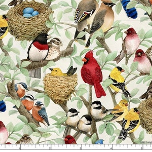 May include: A colorful fabric featuring a variety of birds perched on branches and in nests. The birds are depicted in a realistic style with detailed feathers and beaks. The fabric has a white background with green leaves and branches.
