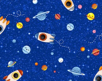 Rocket Ship Fabric | Hula Universe Royal Fly By Fabric | Outer Space Fabric | Royal Fly By Fabric | Michael Miller | 100% Cotton Fabric