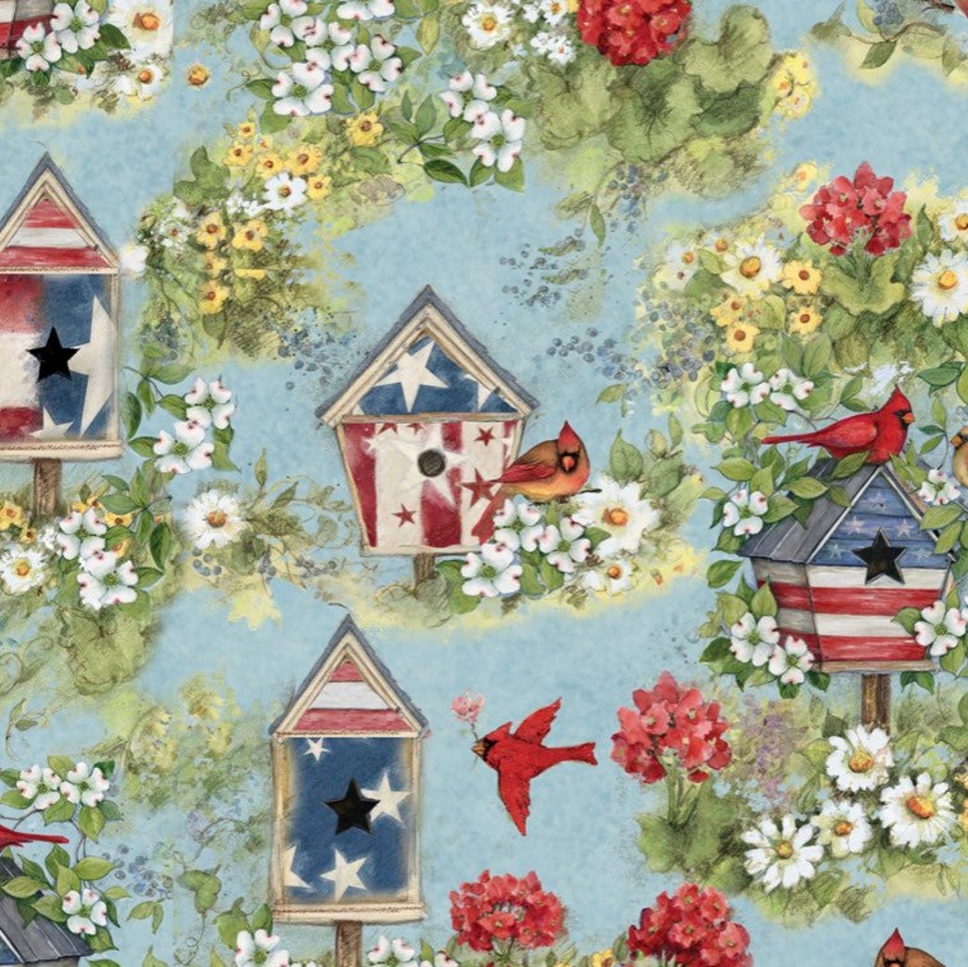 Patriotic Cardinal Fabric Patriotic Bird House Fabric Patriotic Fabric