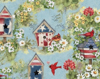 Patriotic Cardinal Fabric | Patriotic Bird House Fabric | Patriotic Fabric | 4th of July Fabric | Susan Winget Fabric