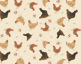 May include: A seamless pattern featuring brown and beige chickens with red berries and blue leaves on a cream background.
