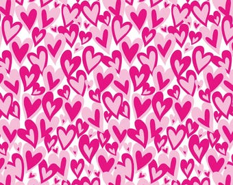 May include: A repeating pattern of pink hearts in varying shades and sizes on a white background. The hearts are hand-drawn with a playful, whimsical style, creating a romantic and cheerful design.
