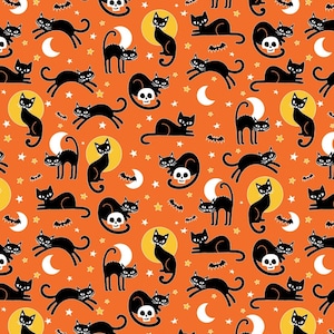 May include: A repeating pattern on an orange background featuring black cats in various poses, white skulls, yellow full moons, white crescent moons, and small white stars. The design includes small black bats scattered throughout the fabric print.