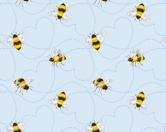 May include: A repeating pattern of yellow and black bees with white wings on a light blue background. The bees are scattered across the surface, with dotted lines suggesting flight paths. This design is suitable for fabric, wallpaper, or stationery.