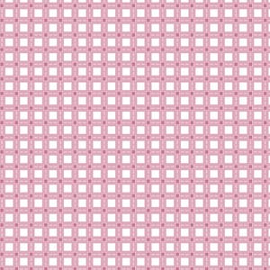May include: A repeating pattern of white squares outlined in light pink, with a grid of light pink lines and small pink squares at the intersections. The design has a stitched appearance, creating a textured effect.