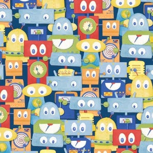 May include: A repeating pattern of colorful cartoon robots on a dark blue background. The robots are in various colors, including yellow, blue, orange, and red. Each robot has a unique design, with different shapes and details.