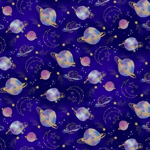May include: A seamless pattern featuring iridescent planets with gold rings on a dark blue background. The pattern is filled with gold stars and crescent moons.