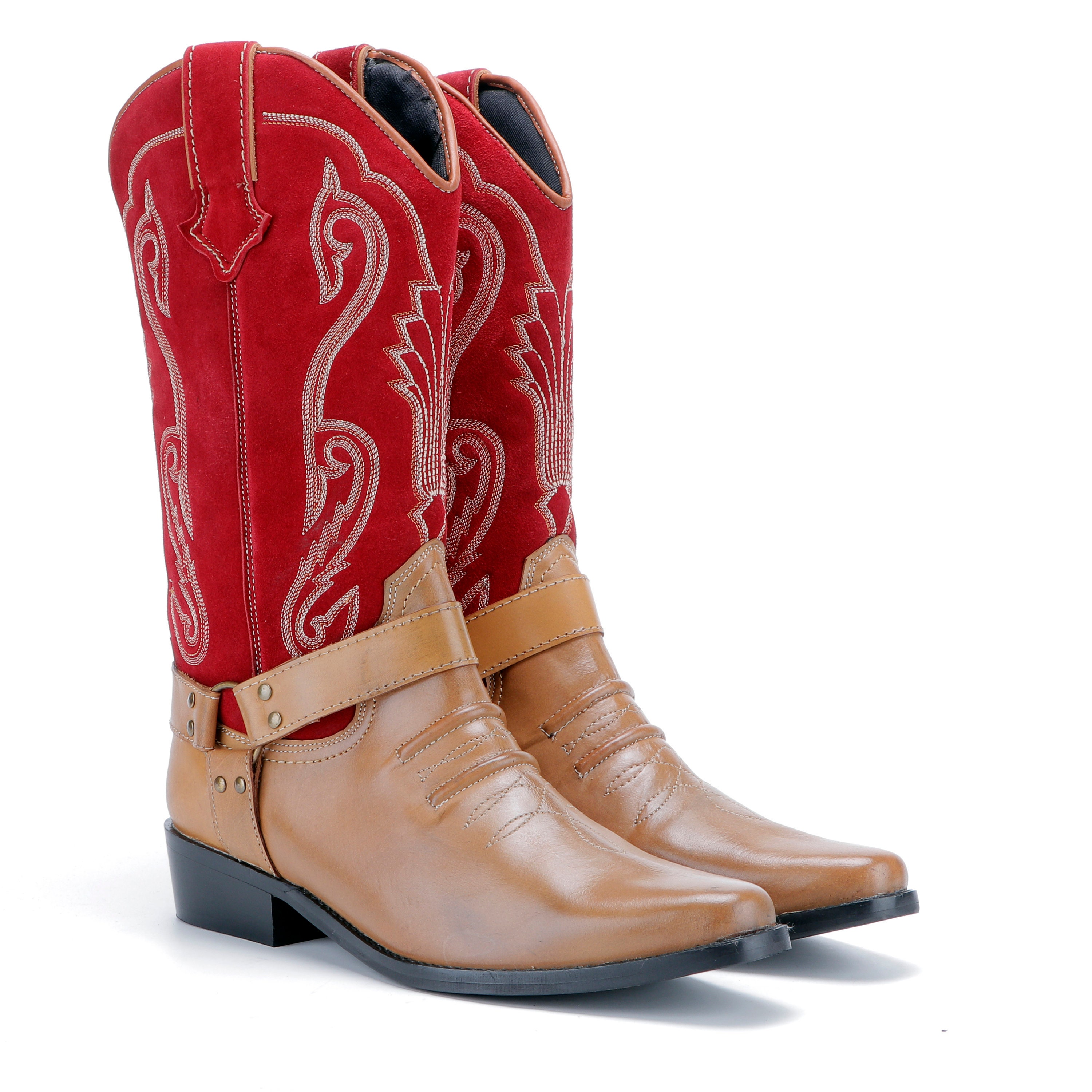 Red Mens Cowboy Boots Pull On Suede Leather Embroidered Ankle Etsy