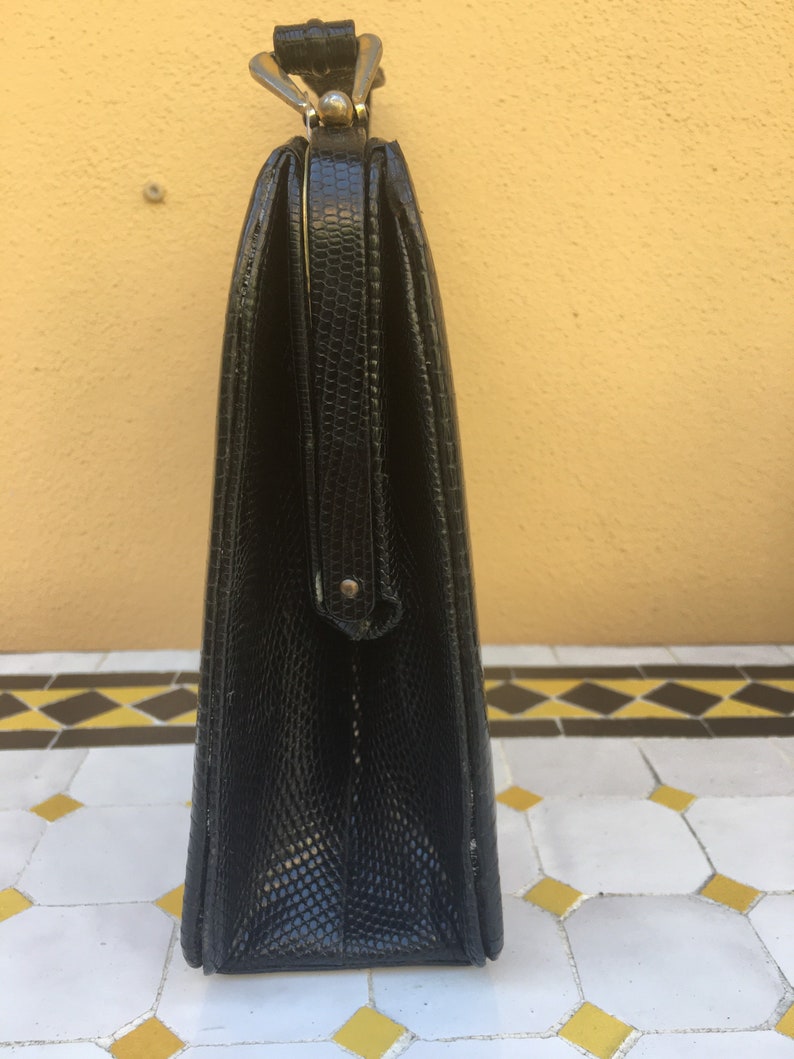 50s Vintage vintage leather lizard clutchBlack handbag reptilehandmade Leather clutchvintage lizard handbag