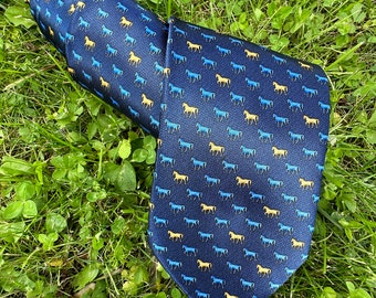 90er Jahre Vintage Krawatte Pferd Giorgio Mariani/Krawatte mit Pferden von Giorgio Mariani/Design Krawatte Pferd/Blau-gelbe Krawatte aus Seide