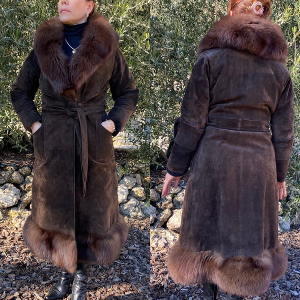 90s Vintage shearling Sciorilli/Brown shearling trench/Design original lapins coat/Dublionka vintage/Brown shearling leather