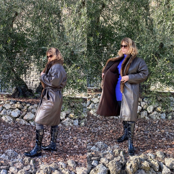 80s Vintage coat Genny/Brown leather trench coat/D