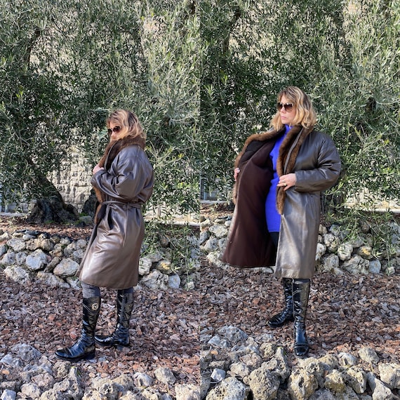 80s Vintage coat Genny/Brown leather trench coat/D