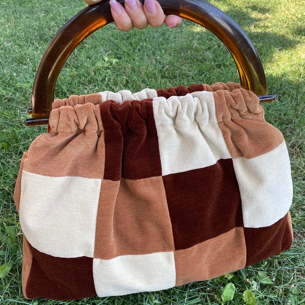 60s Vintage velvet bag/Brown pochette velvet/Borsa scacchiera velluto/Design sheckerboard pochette Italy