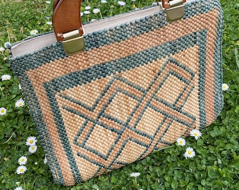 Sac en cuir de raphia incroyable des années 60/sac vert beige/sac de shopping en raphia/artisanat fabriqué en Italie/sac de shopping vintage