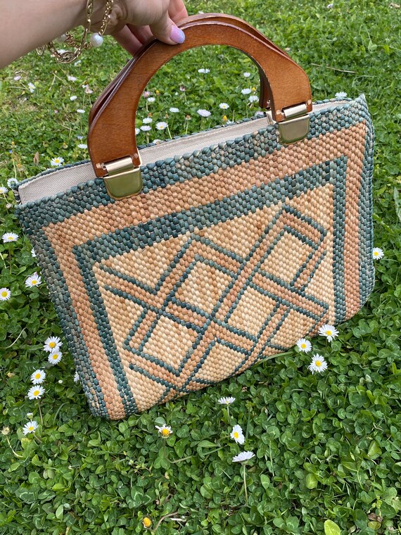 60s amazing Raffia leather bag/Beige green bag/Ra… - image 1